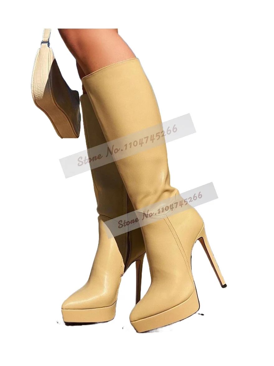 Nude Matte Thin High Heel Platform Knee High Boots Pointed Toe Elegant Stilettos Tall Boots Fall Winter Outside Dress Shoes