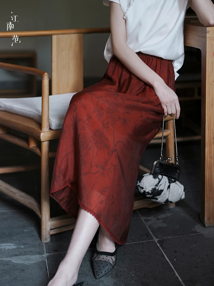 

Red Chinese Sle Rvated Hanfu Skirt High Waist H-ape Straight Cut Elastic Waist f Body Skirt Versatile Vintage Court...