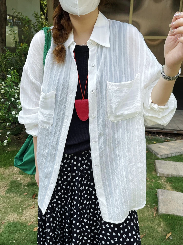 

Women's Loose Long Sve irt Spring Summer New Sle Casual Pure Color Stand Collar Button up Sun Protection Top