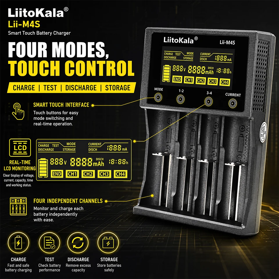 Lii-M4S Smart Touch 4-Slot Battery Charger for 18650 26650 AA AAA Li-ion Ni-MH,Capacity Tester, USB Output, Flashlight Accessory view 6