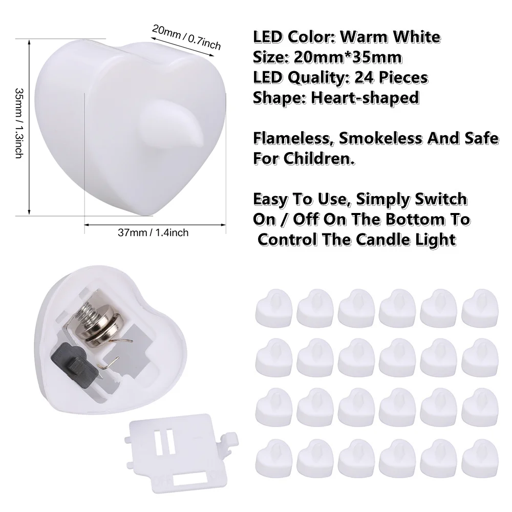 24 Stück flammenlose LED-Kerze für Zuhause, Weihnachten, Party, Hochzeit, Dekoration, herzförmige elektronische Teelichtkerzen mit Batteriebetrieb – Detail 1