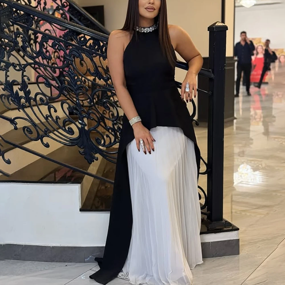 

High Neck Evening Dress Customized Black Jersey Top and White Dress Mermaid Floor Length Modest Formal Party Dresses