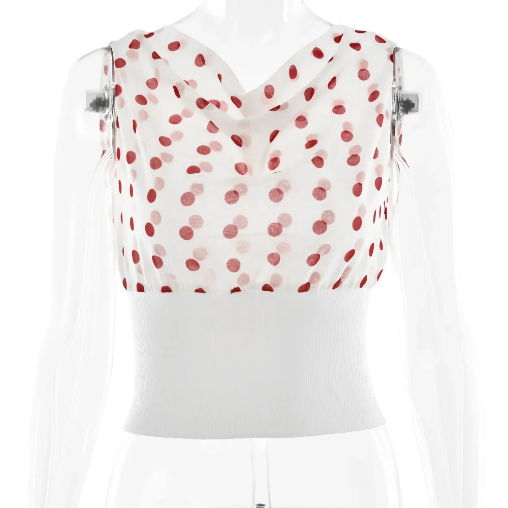 Polka Dots Print Patchwork Chiffon Crop Top Women Sexy Oblique Shoulder Sleeveless Lace Up Backless Blouse Casual Streetwear Tee