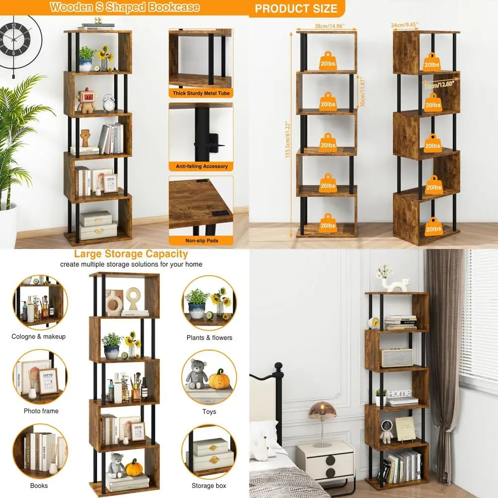

6-Tier S-Shaped Wooden Bookshelf, Rustic Brown Display Shelves for Home & Office Storage WBC016H