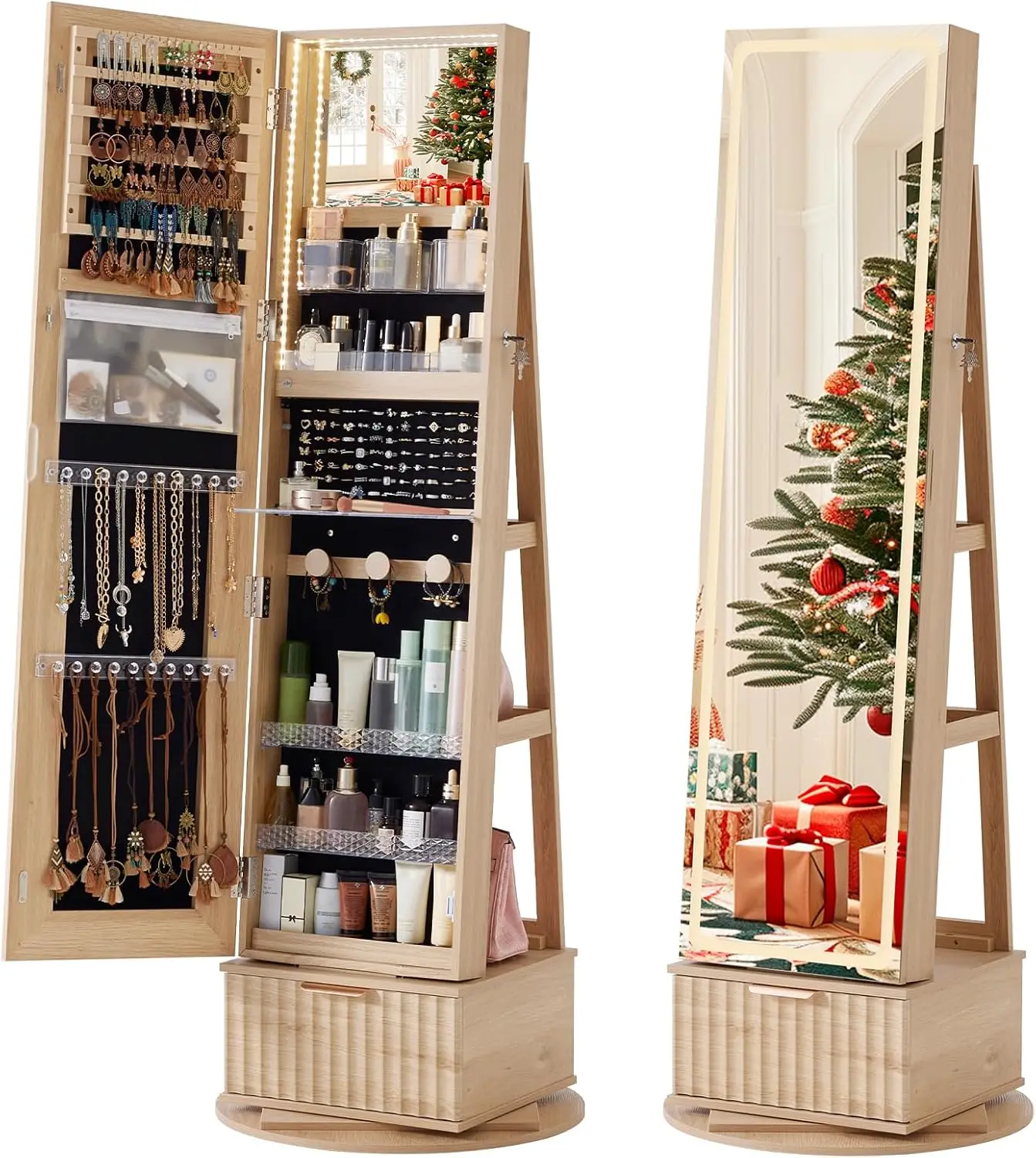 Lockable Jewelry Organizers and Drawer Storage with 3 Color LED Lights & Interior Mirror Rear Storage Shelves