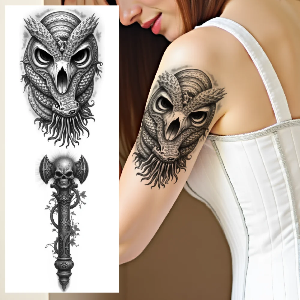 

3pcs Temporary Tattoo Caged Bat Black And Grey Realism Skull With Roses Witch Illustration For Adults Thighs Men