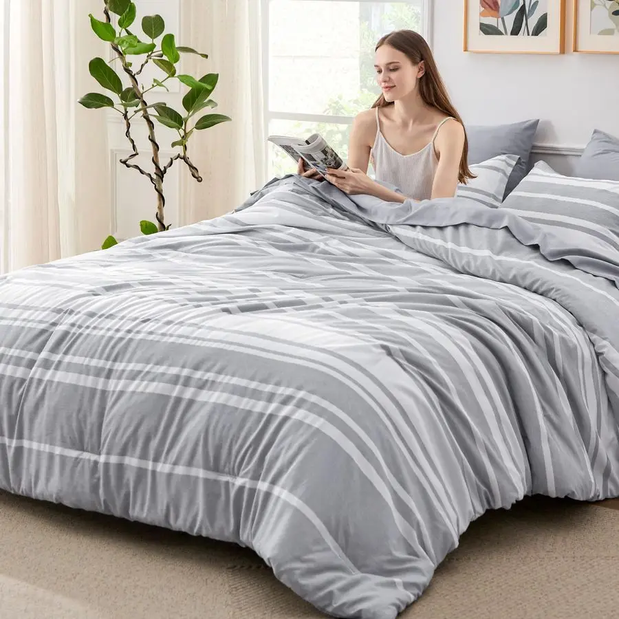 

Queen Comforter Set 7 Pieces, Grey Striped Bedding Set for All Seasons, Reversible, Cationic Dyeing Bed in a Bag with Comforter,