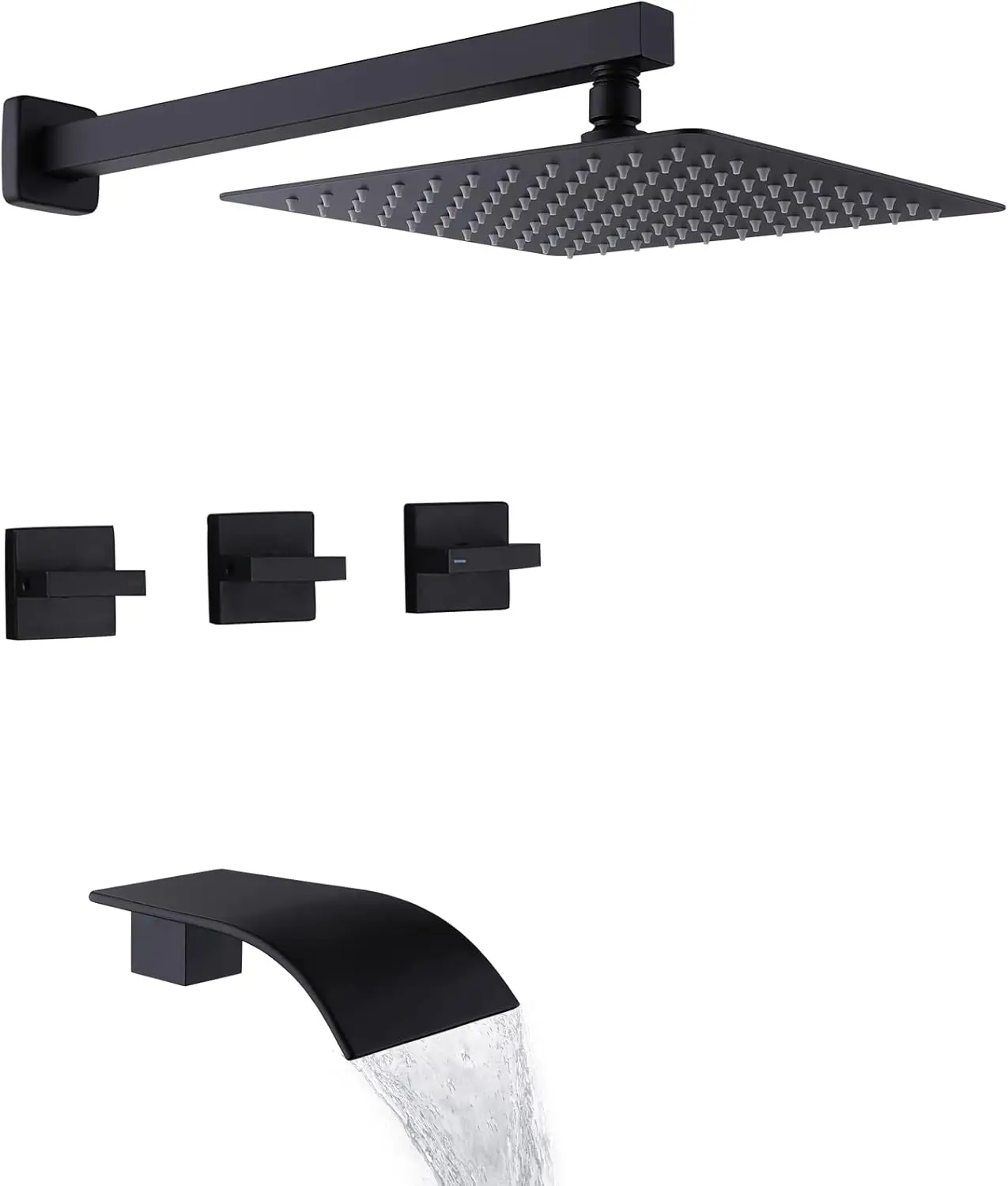 

Матовый черный настенный душевой смеситель с изливом-водопадом для ванны и комплектом декоративных элементов для клапанов