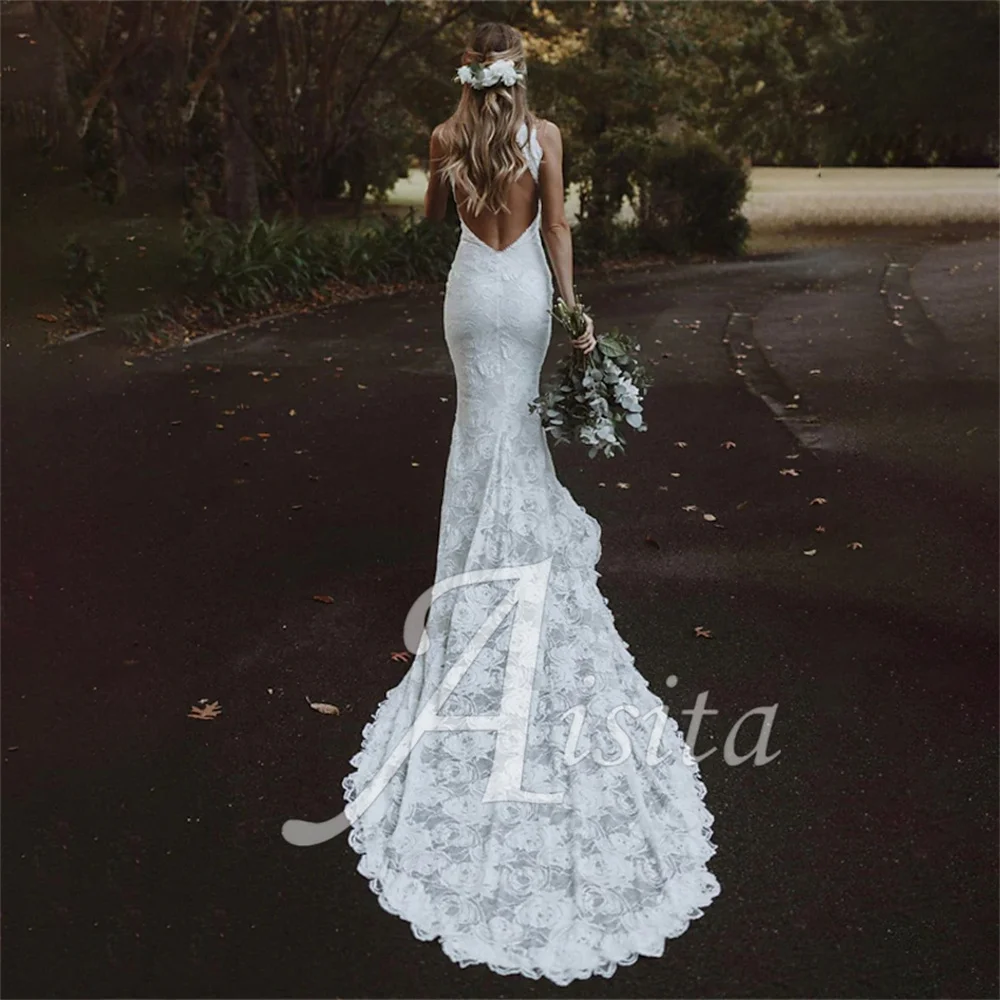 Beach Mermaid Bride Dresses Halter Neck Sleeveless Chapel Train Lace Wedding Dresses For Woman Wedding Dress Vestidos De Novia