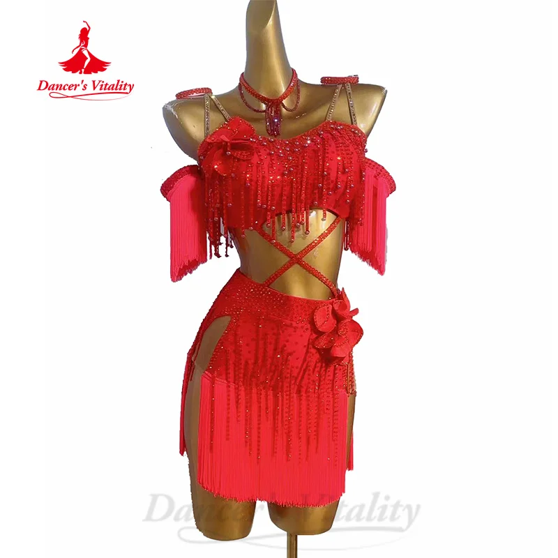 أزياء أداء الرقص اللاتيني الراقية المخصصة الفاخرة فساتين الماس الكامل هامش ملابس المنافسة للبالغين والأطفال