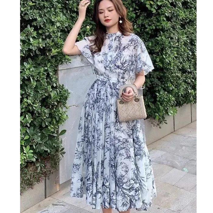 

Ele Printed Two-Piece Set with Pleated Skirt Waist-Cinching Bell-Sve Dr with Dstring for Women Spring 2025