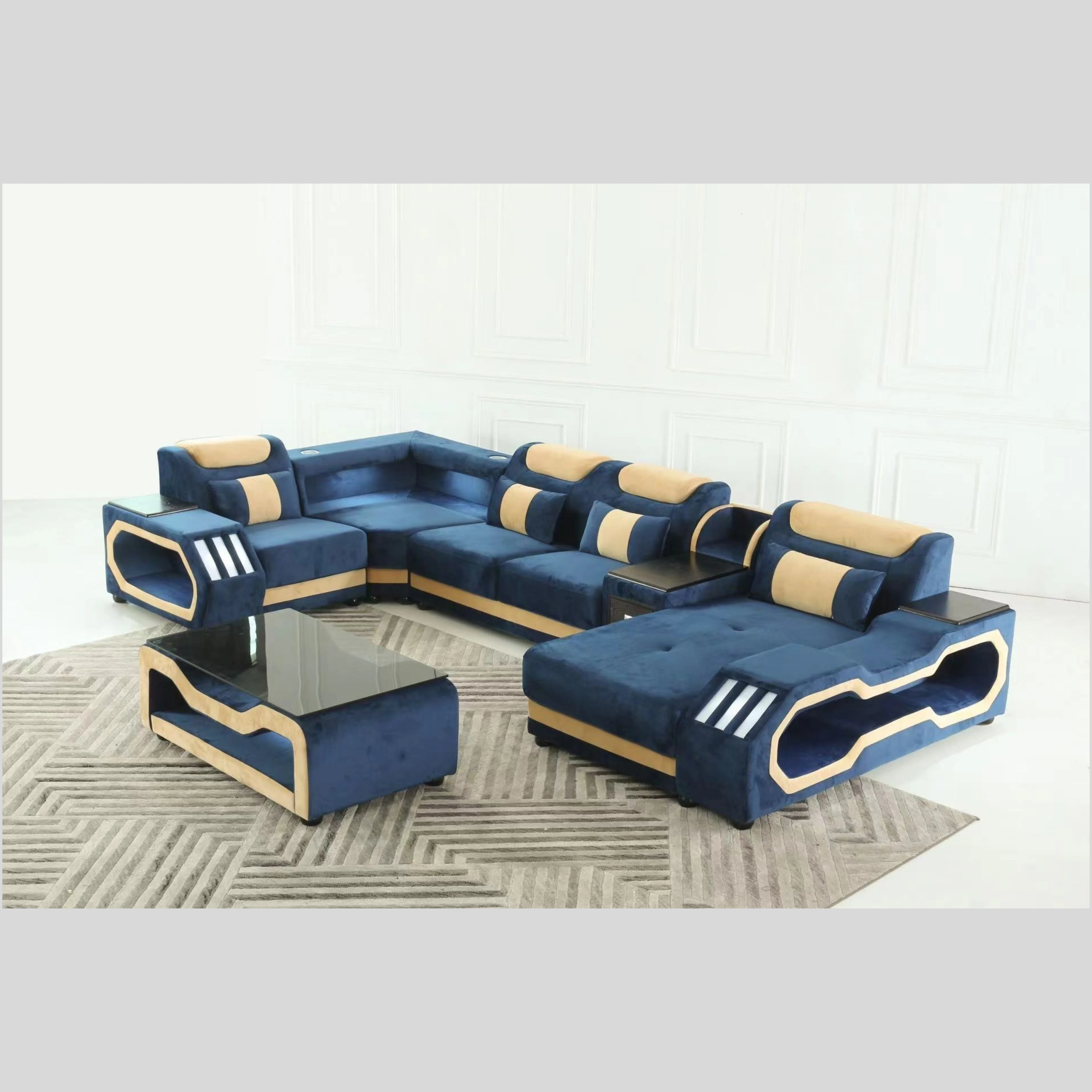 #Velvet Cloth American Style Living Room Furniture LED Sofa Functional Corner Sofa Set