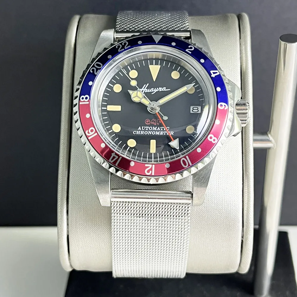 HUAYRA 39 ملم ساعة رجالية NH34 حركة أوتوماتيكية حافظة فضية من الفولاذ المقاوم للصدأ بتوقيت جرينتش عقارب خضراء قبة زجاجية قرص أسود مقاوم للماء