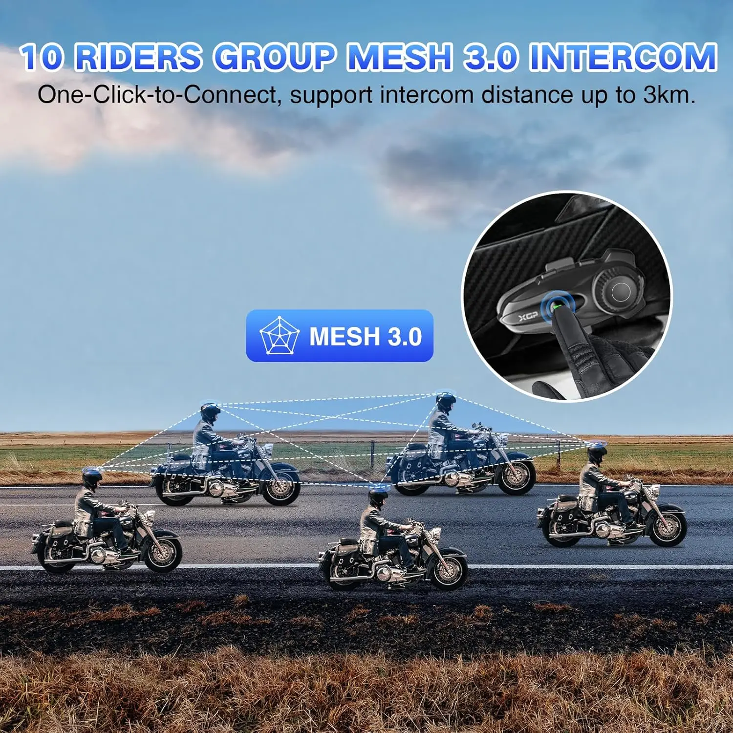 X10 10 Riders Group Mesh Motorcycle Intercom, 3000m Motorcycle Bluetooth Headset V5.3 with Audio Multitasking