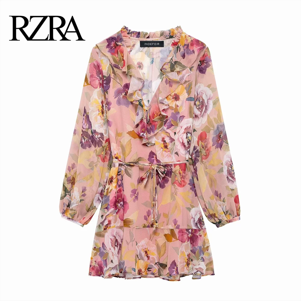 

2025 RZRA Spring New V-neck Flower Printed Stacked Decorative Temperament Waist up Long Sleeve Floral Skirt Short Skirt