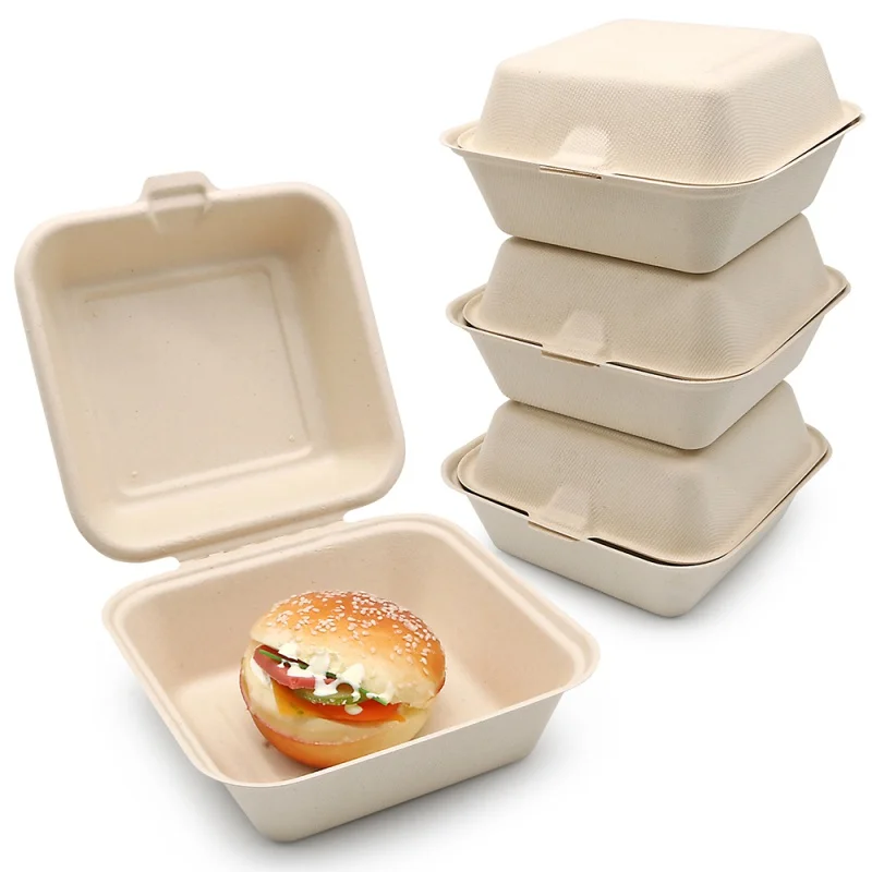 Caja de papel desechable Biodegradable para llevar, Bagasse de caña de azúcar, contenedor de alimentos, caja de hamburguesas, producto personalizado, 6x6, 8x8 pulgadas