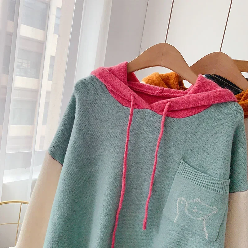 Suéteres con capucha para mujer, ropa de invierno 2024, jerséis de punto de retazos de dibujos animados, jersey con bolsillo, prendas de punto, novedad de 2024