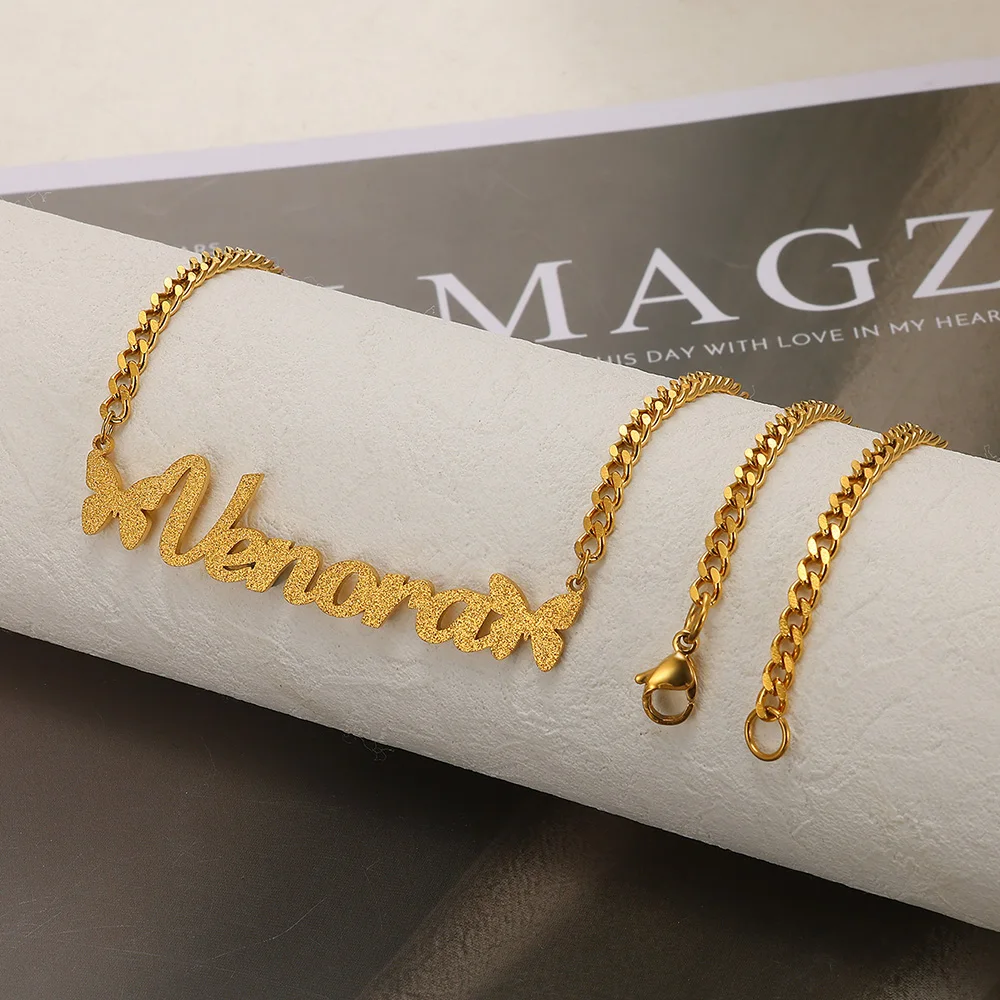 Custom Frosted Name Necklace Stainless Steel Personalized Cuban Chain Butterfly Nameplate Pendant Necklace Women Daily Wearing view 5