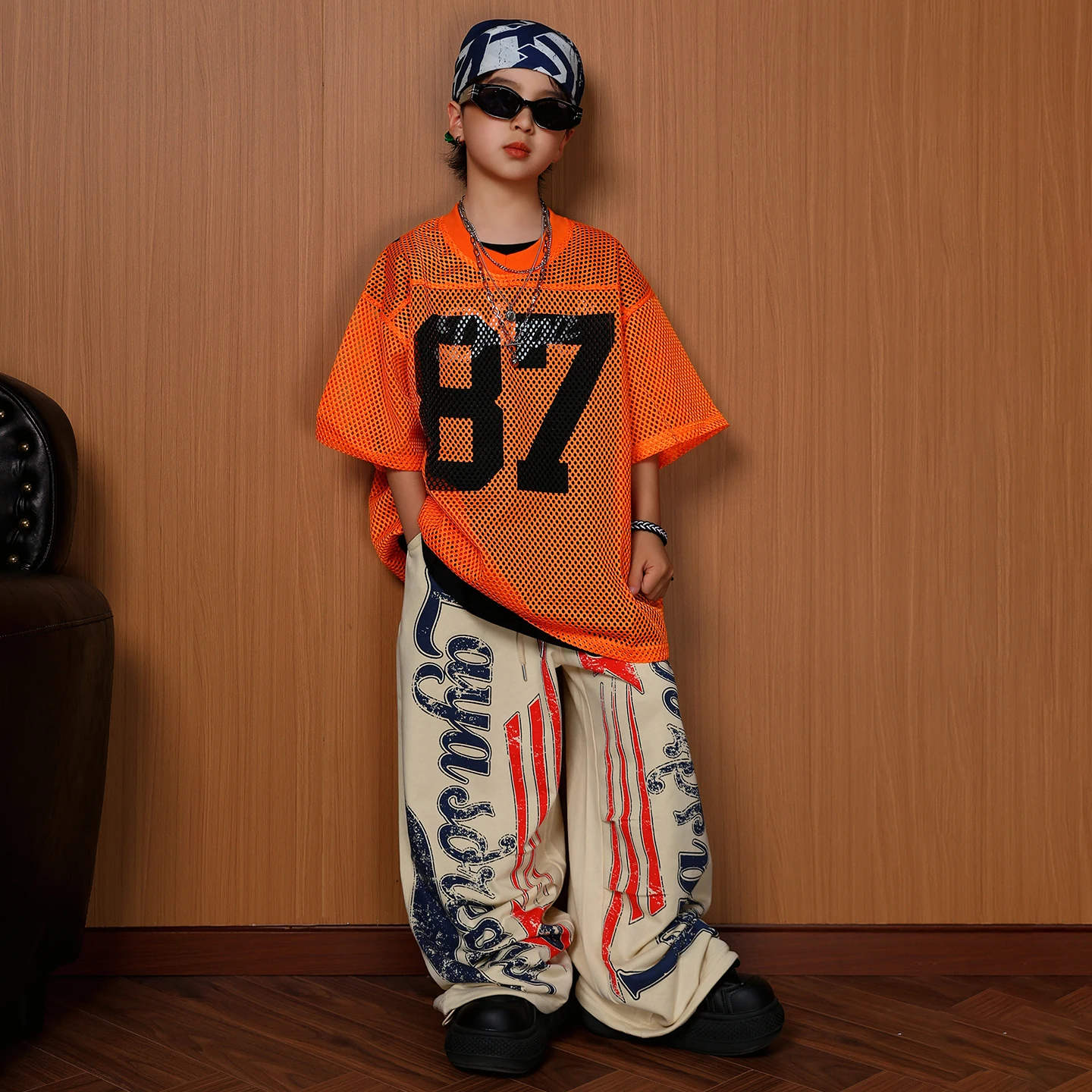 

Boys Hip Hop Costumes Street Dance Outfit Orange MeshTshirt Graffiti Wide Leg Pants Kids Kpop Jazz Stage Performance Streetwear