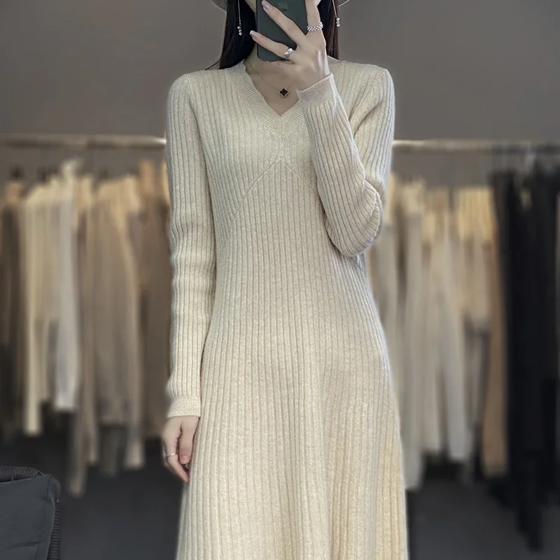 FRSEUCAG Pullover 100 Pure Wool V-Neck Women\'s Dress Sweater Fashion Slim Fit Long Sleeve Knitted New Product Long Women\'s Dress