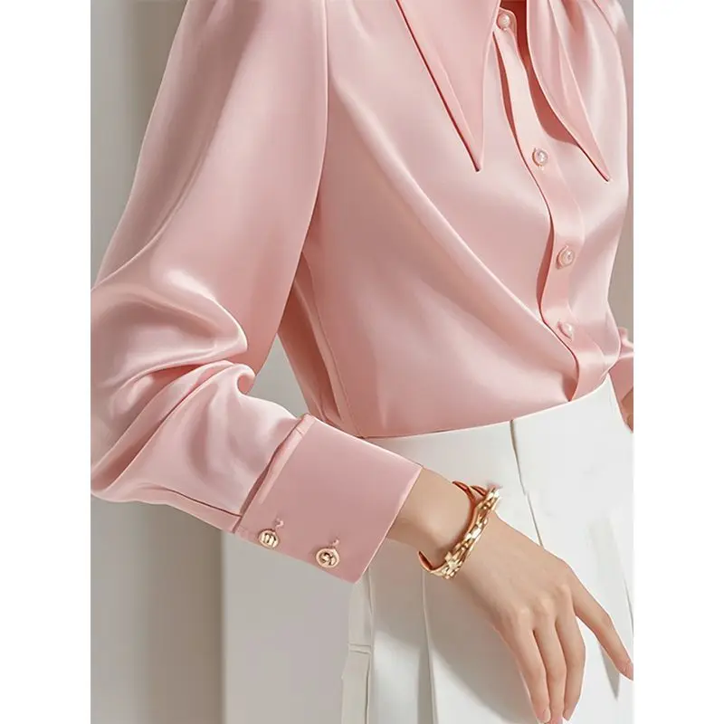 French Entry Lux Pink Acetate Satin Long Sleeve Shirt Women's Design Sense Niche Early Autumn Unique Chic and Beautiful Top
