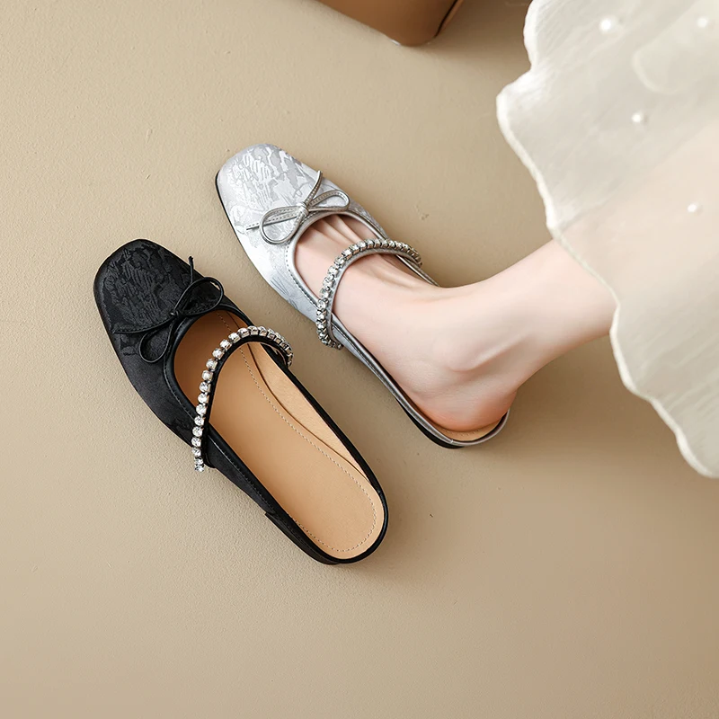 2026 new summer women sandals natural leather 22-25cm fabric+sheepskin+pigskin square toe butterfly-knot mules women shoes