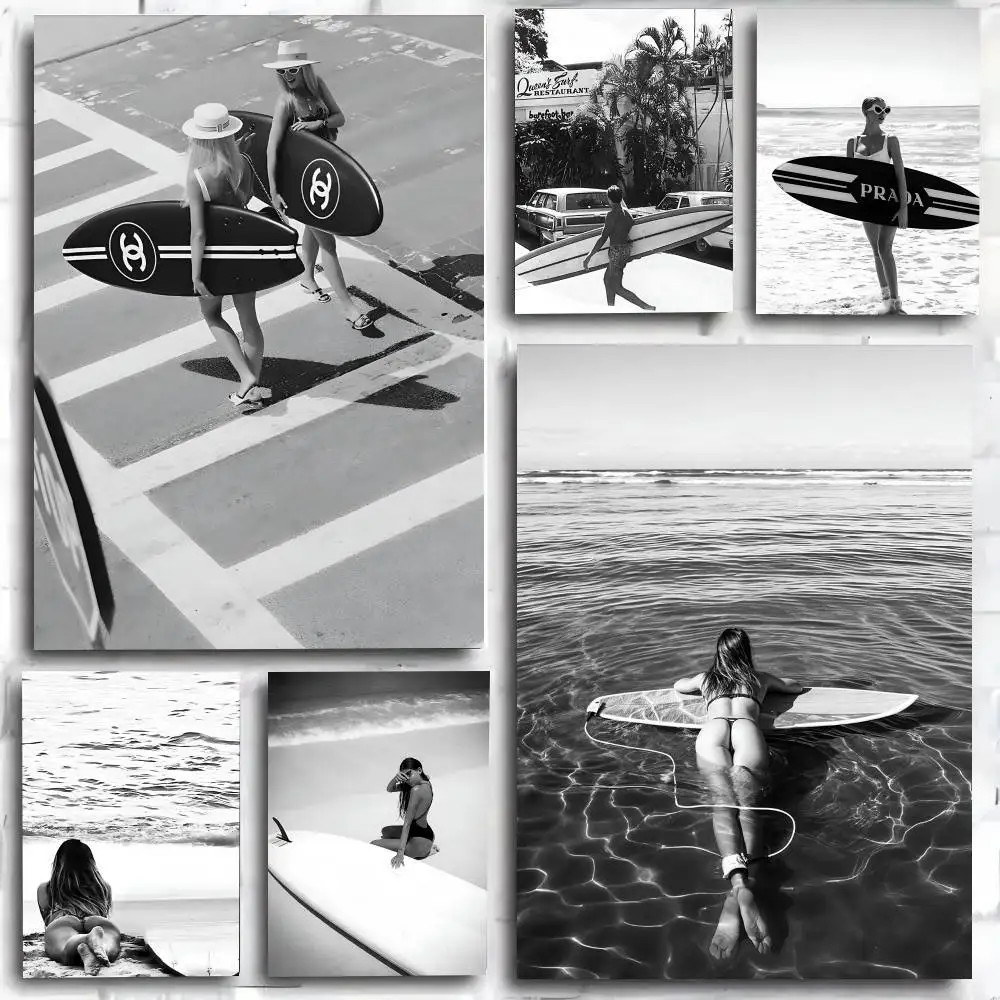 Schwarz-weißes Surfing-Girl-Poster, Kunstdruck im Anime-Stil, Heimdekoration, ideales Geschenk, perfekte Raumdekoration