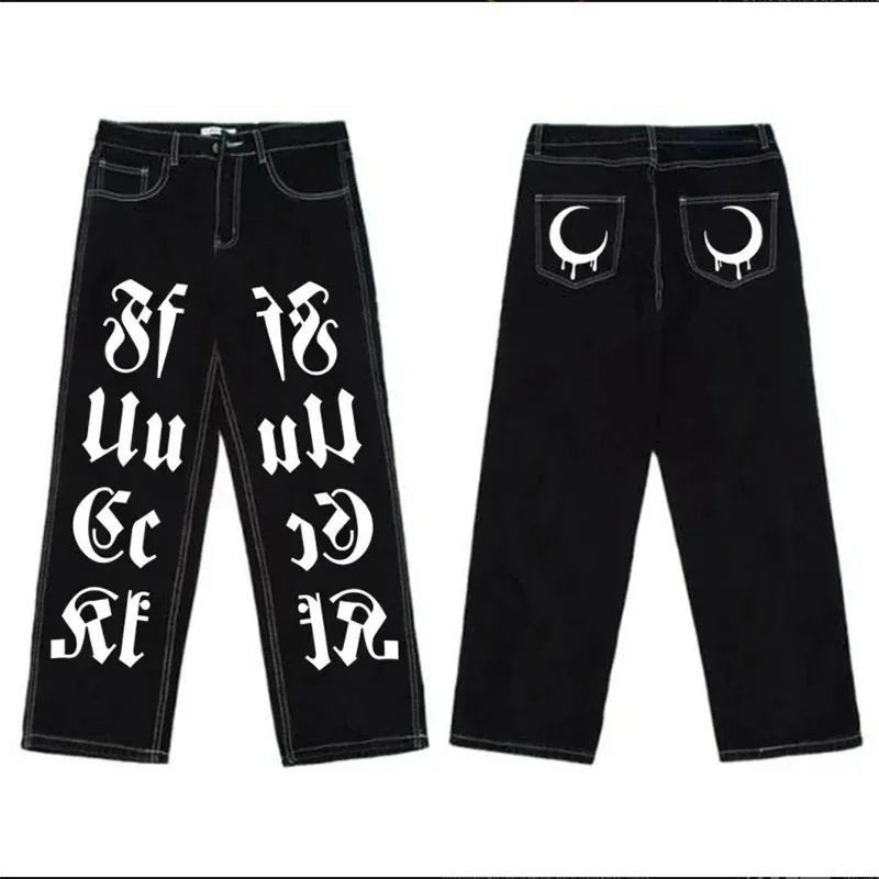 

2024 New Men's Jeans HipHop Printed Oversized Straight Wide Leg Pants Y2K Black Pants Fashion Casual Punk Rock Loose Street Wear