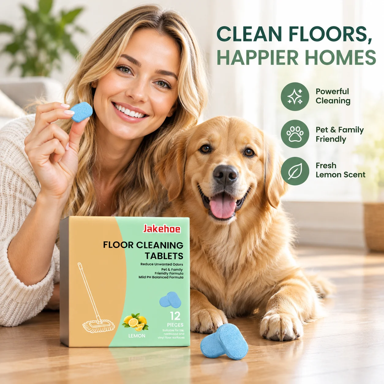 Jakehoe Floor Cleaning Tablets Lemon Scent Quick Dissolve Remove Stains Deep Cleaning Multi-surface Floor Cleaning Tablets 12PCS