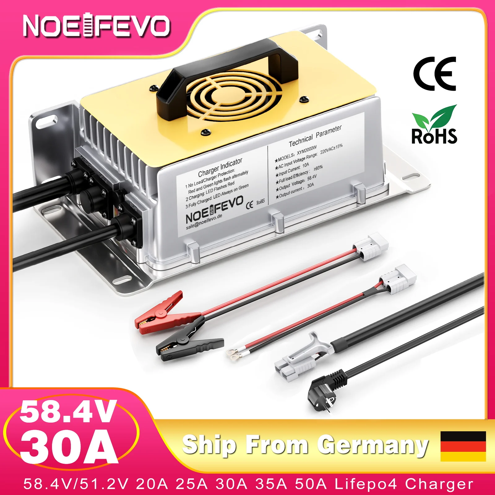 NOEIFEVO 48V (51,2V) 30A Lithium LiFePO4 Batterieladegerät, IP67 Wasserdicht, 0V BMS Aktiviert, 58,4V Schnellladegerät für 16S Batterie