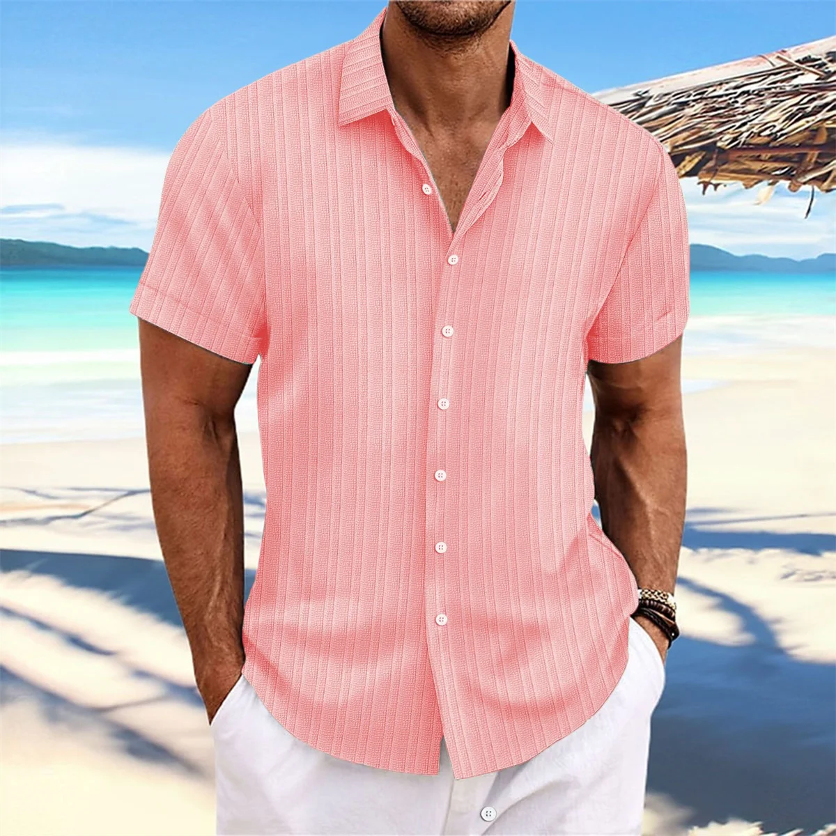 Beach Vacation Men's Casual Solid Color Striped Linen Slim Fit Fashion Short Sleeve Comfortable Breathable Summer Cardigan