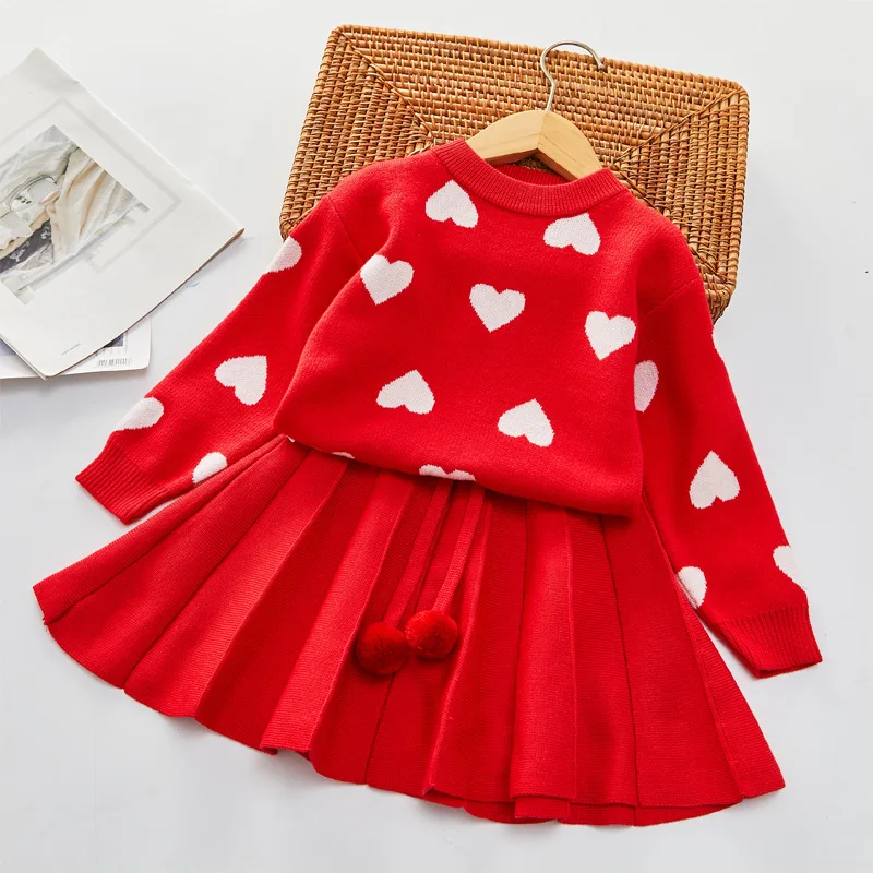 

Children's Two-Piece Set Autumn and Winter Baby Girl Heart Knitted Sweater Pullover+Pleated Skirt Suit