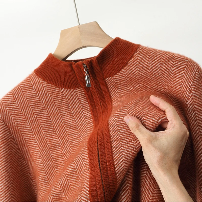 Fall/Winter 100% Pure Wool Cardigan Men's Semi-high Stand-up Collar Loose Zipped Cashmere Knitted Sweater Jacket