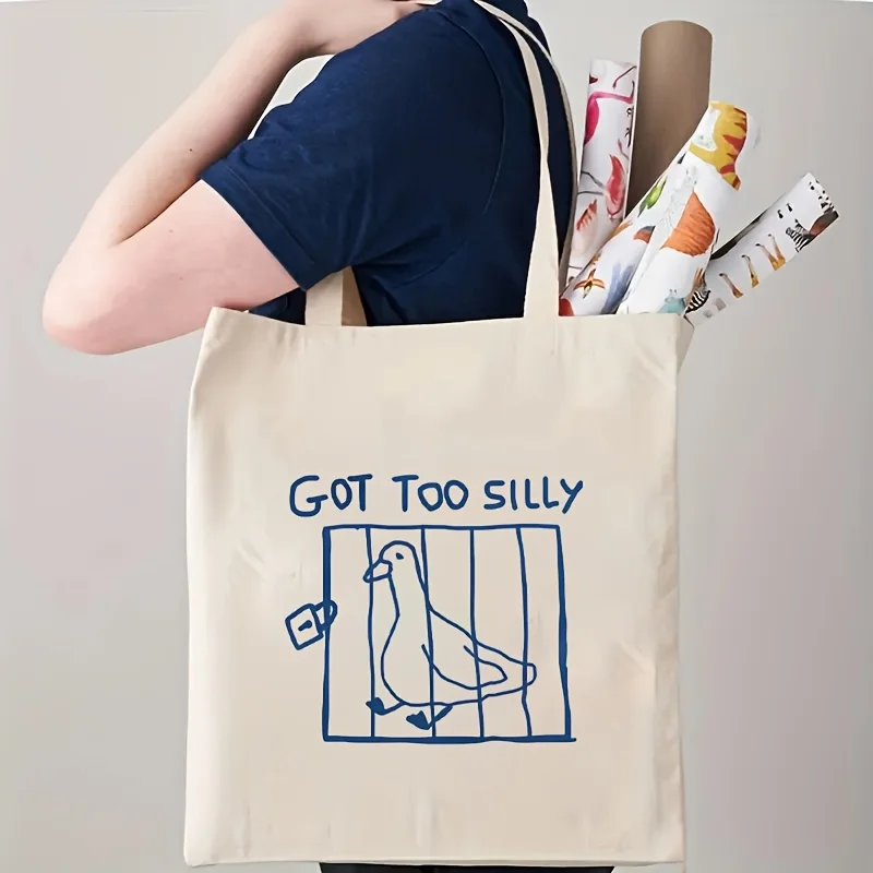 Funny Goose Themed Tote Bag Reusable, Double-Sided Printed Shopping Bag With 