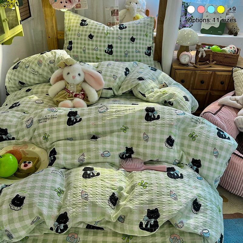 Cute Cartoon Cat Green Plaid Bubble Crinkle Microfiber Bedding Set,1 Duvet Cover,1 Flat Sheet & 2 Pillowcases,Soft Bed Linen Set