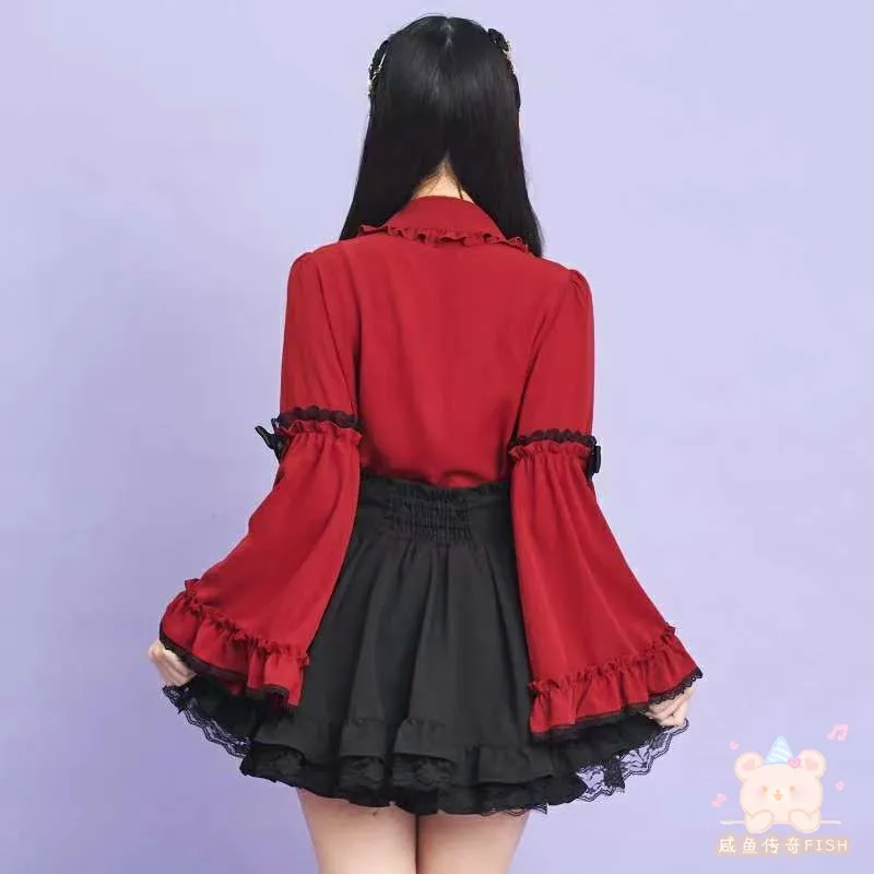 SC japonés otoño nueva manga larga estilo gótico Lolita camisa de Color sólido dulce linda blusa para niñas versátil Top producido en masa