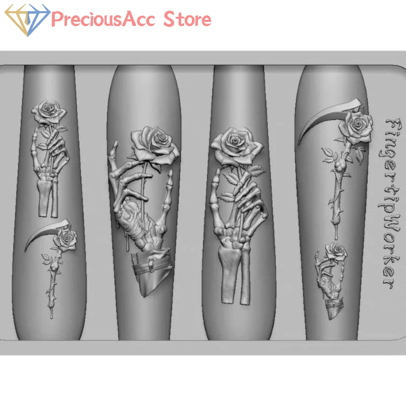 Stampi per nail art in silicone Fiore di rosa Teschio Scheletro fai da te Design a mano Stampo per intaglio trasparente Decorazioni per nail art
