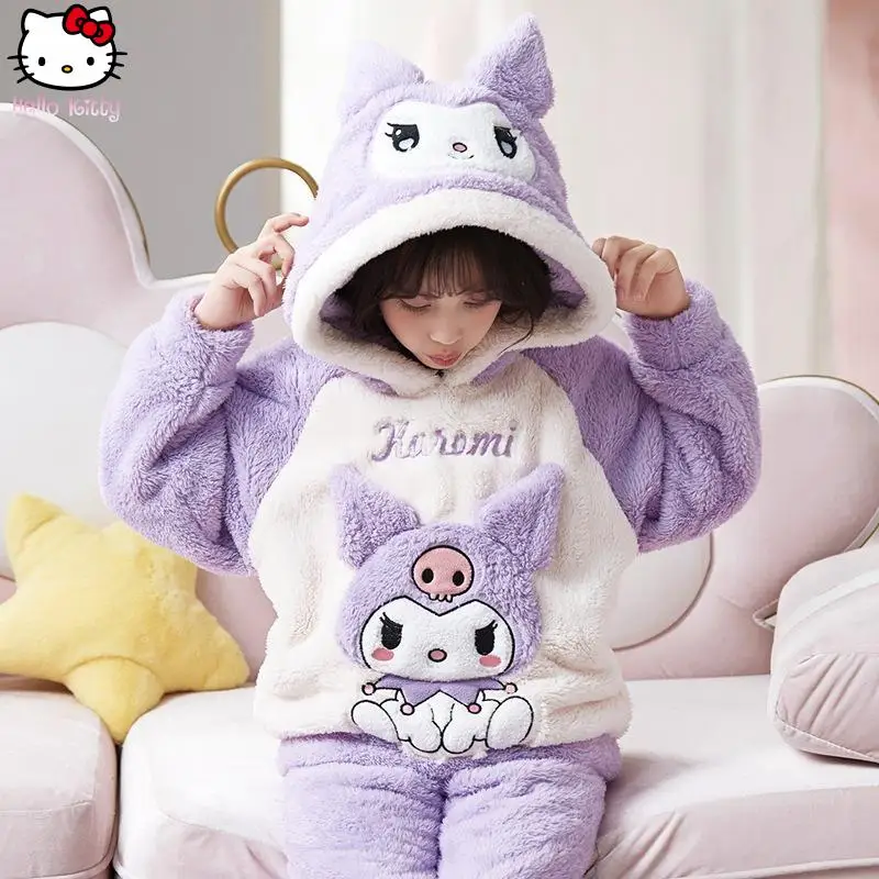 

Kawaii Girl Hello Kitty Kuromi Clothing Hooded Cartoon Warm Home Clothing Set Anime New Sanrio Parent Child Style Thick Pajamas