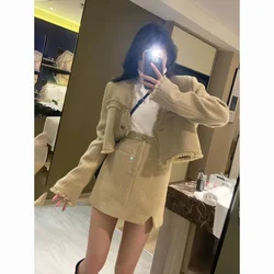 Woman's Spring and Summer Fragrance Short Tassel Suit Jacket Skirt Suit Retro Elegant V-neck Tweed Suit Overskirt Two-piece Sets