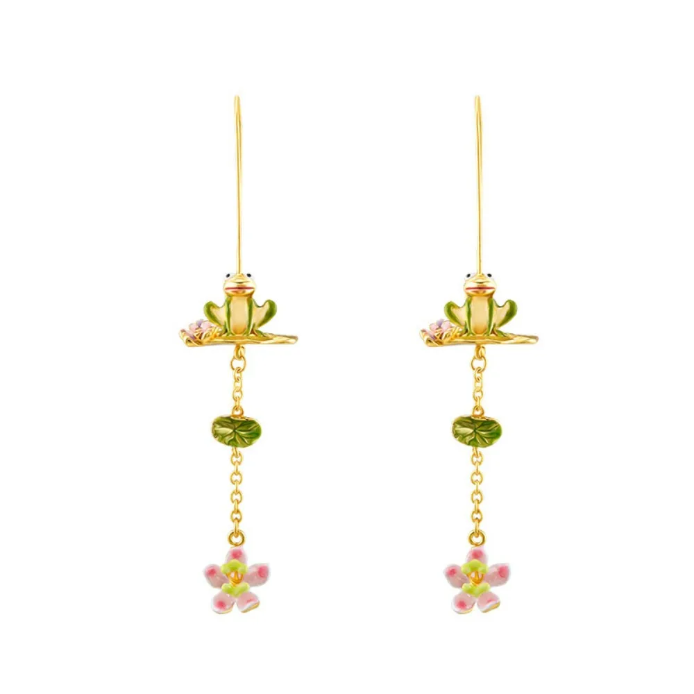 2026 New Chinese Style Forest Style Frog Lotus Leaf Flower Ear Hook Women Enamel Niche Design Fresh Natural Style Long Earrings