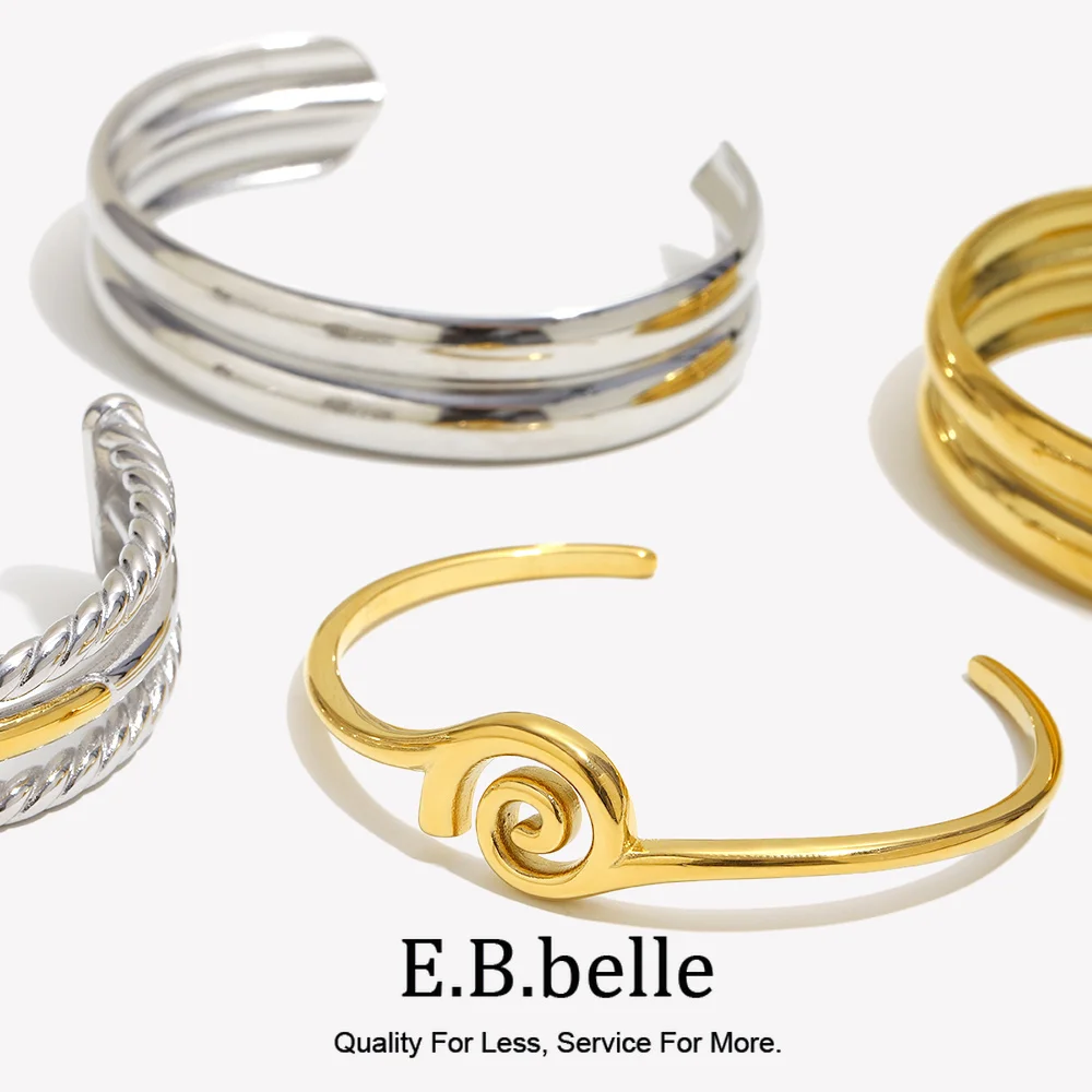 E.B.belle PVD Plated Mix Color Double Layers Wide Facted Cuff Bracelet Stainless Steel Women Statement Jewelry