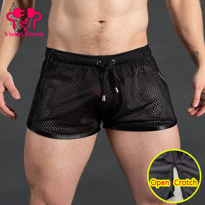 

Erotic See Through Open Crotch Men's Mesh Shorts Breathable Crotchless Easy Insert Boxers Summer Fashion Gym Sporty Mini Pants