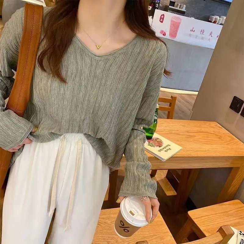 V Neck Loose All-match Youth Tops Tees Spring Autumn New Long Sleeve Solid Color Fashion T Shirts Casual Korean Women Clothing