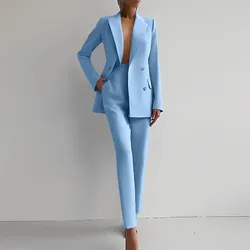 Elegant Commuter Career Outfits Fashion Lapel Collar Button Blazer & Pencil Pants Sets Women Casual Long Sleeve Solid 2Pc Suits