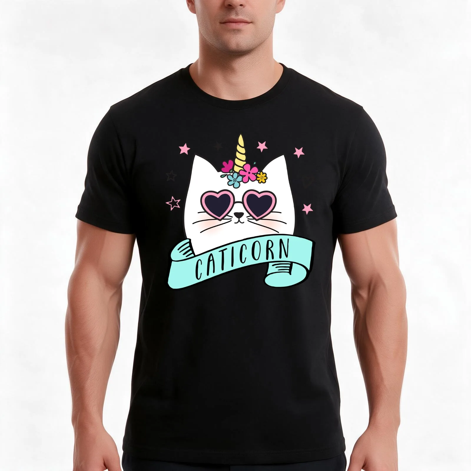 Magical Caticorn T-Shirt, Summer Casual Cotton Tee, Oversized Streetwear Tops, Vintage Graphic Print, Loose Fit Short Sleeve
