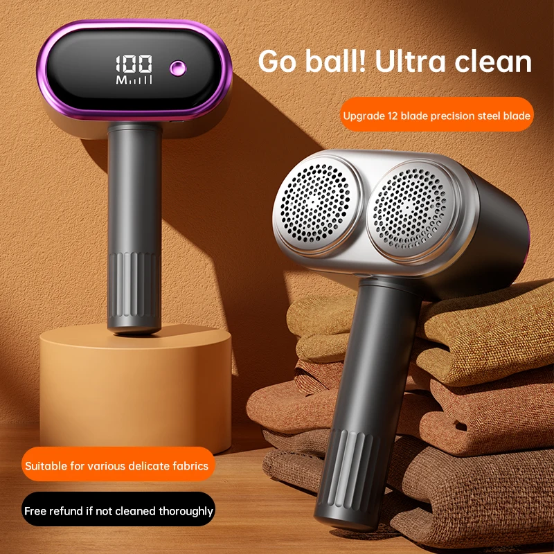 Electric Fabric Shaver Lint Remover USB-C Rechargeable 12-Blade Dual Head Fuzz Trimmer LED Display for Sweater Clothes Portable