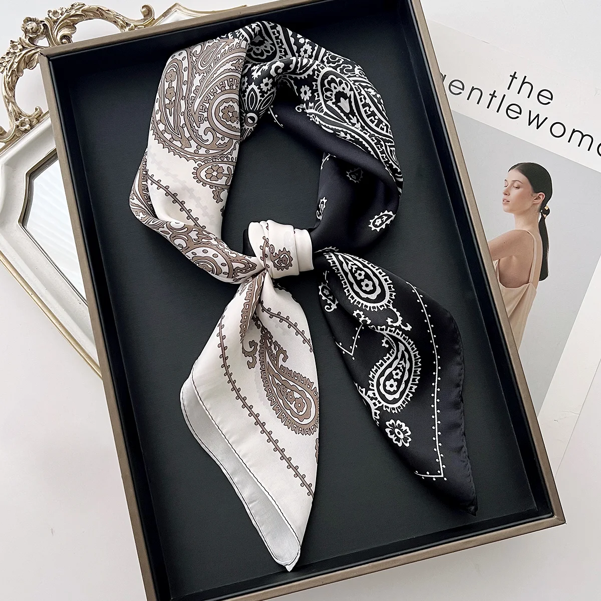 2024 Spring/Summer Leisure Neckerchief 70*70cm Splicing Square Scarf Imitation Silk Bandannas Women’s Cashew Fashion Print Shawl