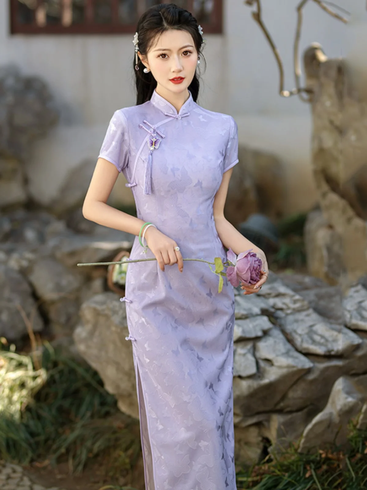 

Молодежное фиолетовое китайское длинное платье-халат в стиле ретро, приталенное, для женщин, летнее, модное, традиционное, культурное