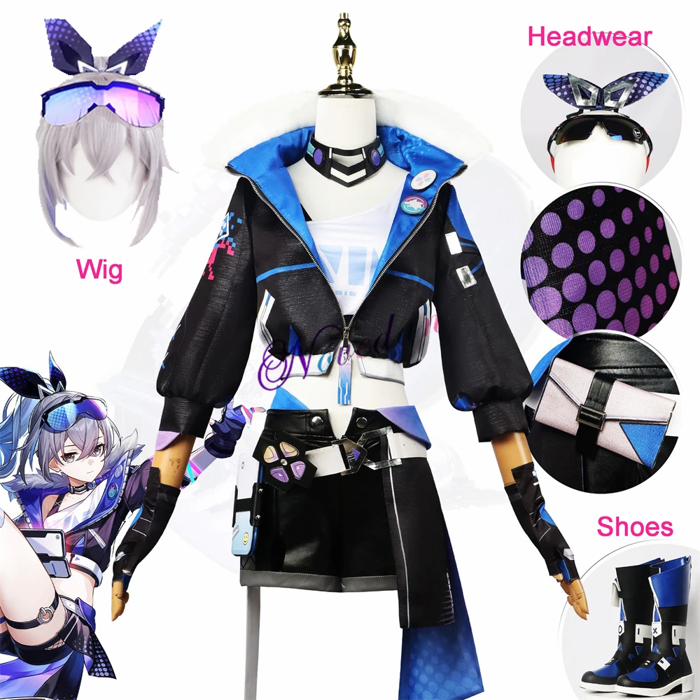 Game Honkai Star Rail Silver Wolf Cosplay Costume Wig Hair Uniform Coat Boots Shoes Glasses Prop Halloween Party Outfit Women