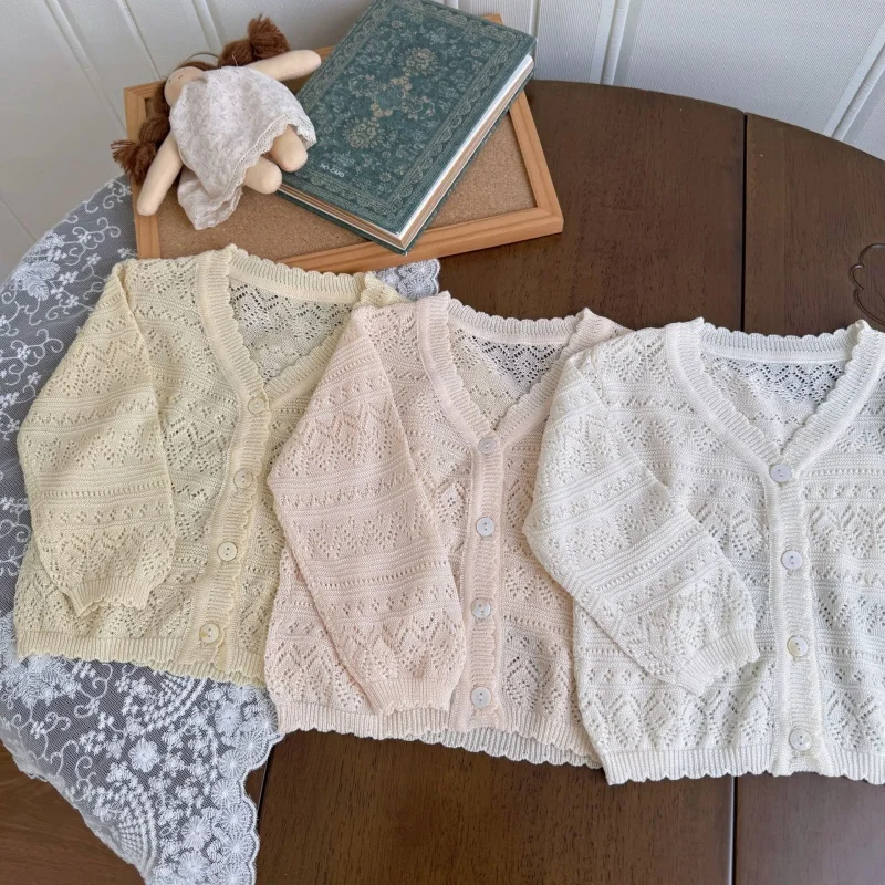 2026 Summer Korean Baby Girl Knit Cardigan 6M-4Y Hollow Out Breathable Thin Kids Outerwear Comfortable Casual Outfit